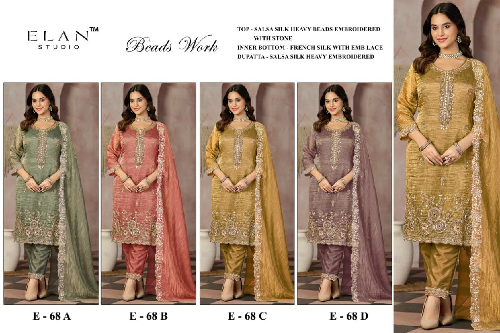 ELAN STUDIO D.NO E-68 WHOLESALE SALSA HEAVY BEADS WORK ELEGANT UNSTITCH SALWAR SUITS EXPORTER