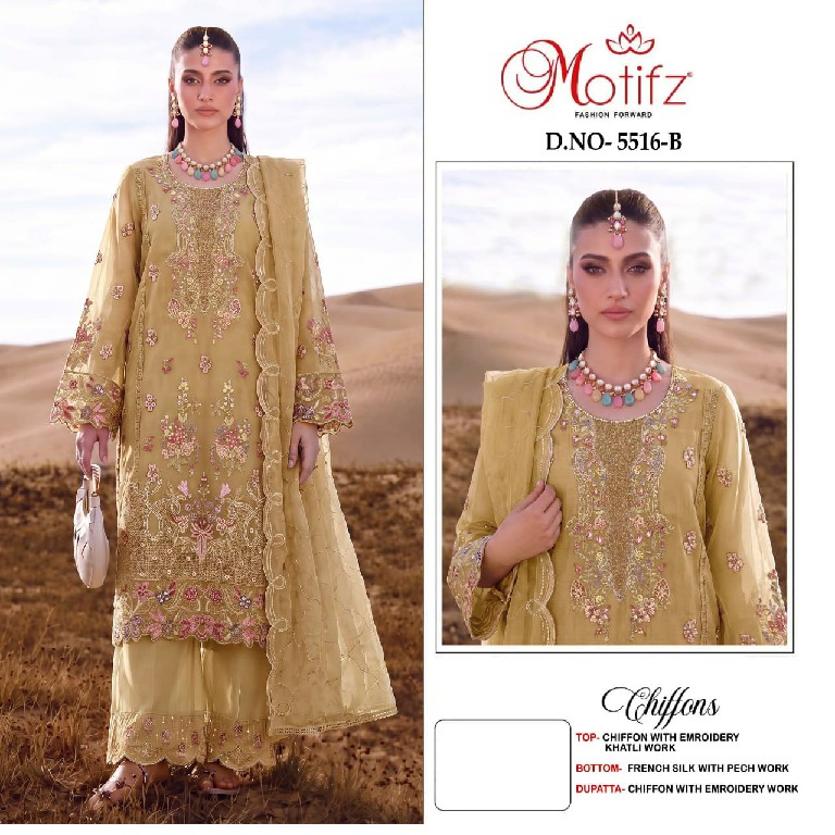 MOTIFZ D.NO 5516 WHOLESALE CHIFFON ATTRACTIVE PAKISTANI UNSTITCH SALWAR SUITS SUPPLIER