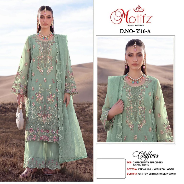 MOTIFZ D.NO 5516 WHOLESALE CHIFFON ATTRACTIVE PAKISTANI UNSTITCH SALWAR SUITS SUPPLIER