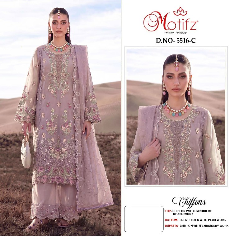 MOTIFZ D.NO 5516 WHOLESALE CHIFFON ATTRACTIVE PAKISTANI UNSTITCH SALWAR SUITS SUPPLIER