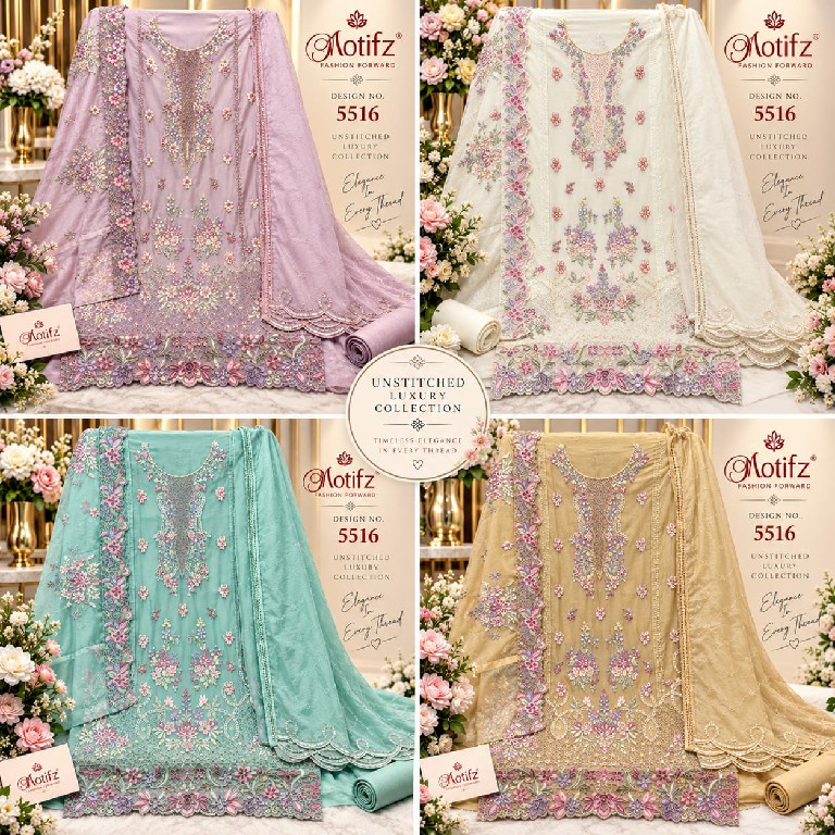 MOTIFZ D.NO 5516 WHOLESALE CHIFFON ATTRACTIVE PAKISTANI UNSTITCH SALWAR SUITS SUPPLIER
