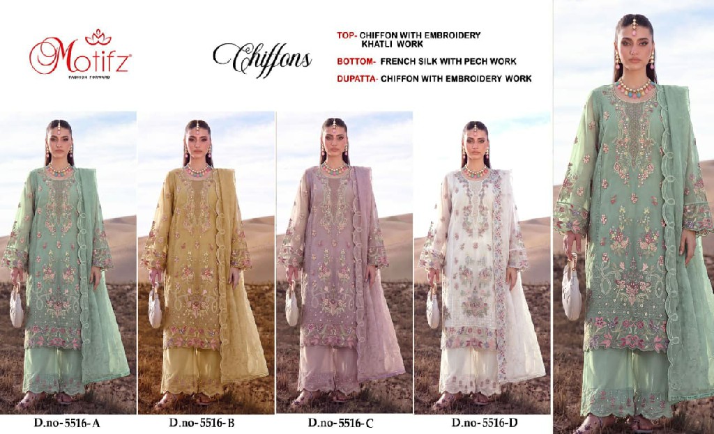 MOTIFZ D.NO 5516 WHOLESALE CHIFFON ATTRACTIVE PAKISTANI UNSTITCH SALWAR SUITS SUPPLIER