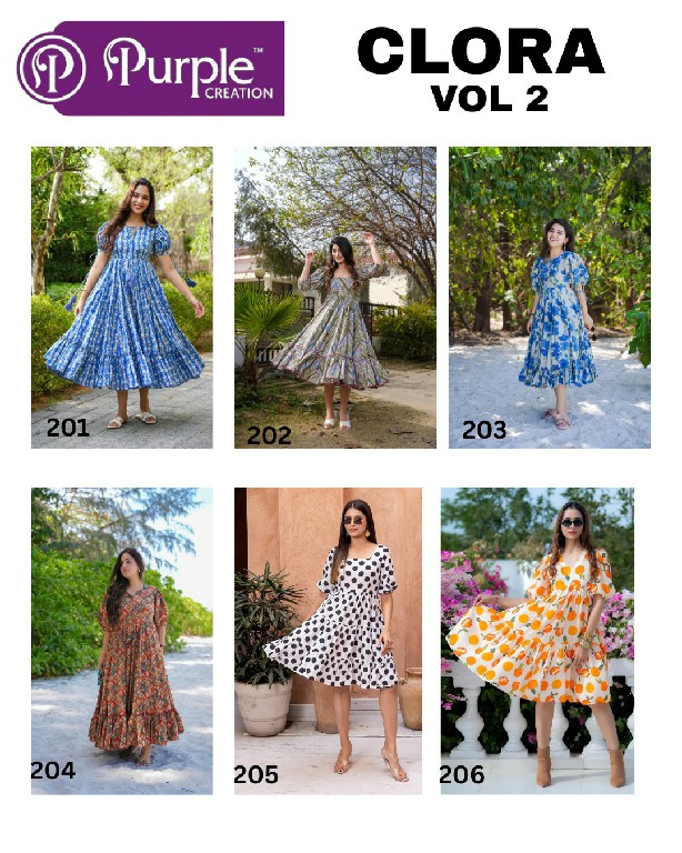 PURPLE CREATION CLORA VOL 2 WHOLESALE READYMADE HEAVY RAYON BIG SIZE FULL FLAIR ONE PEACE DRESS FOR WOMEN SUPPLIER