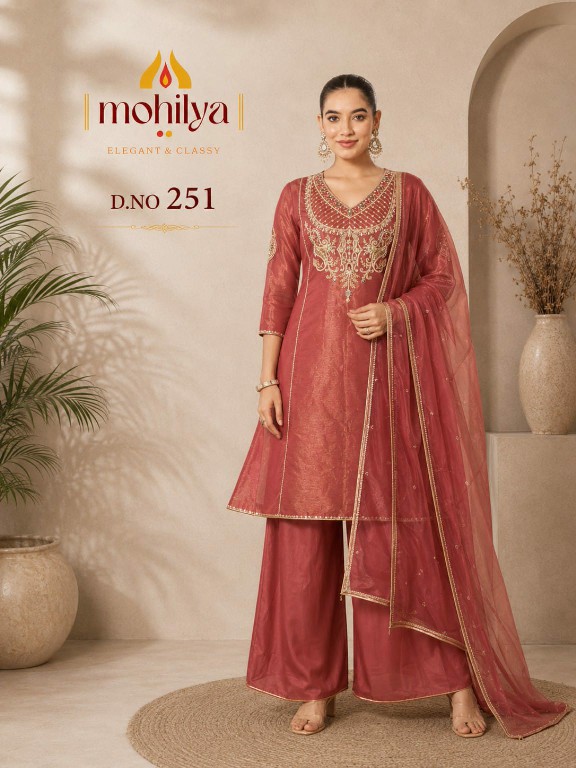 MOHILYA D.NO 251 WHOLESALE READYMADE MAL SHIMMER ELEGANT ETHNIC WEAR 3 PCS COMBO SET SUITS FOR EXPORT