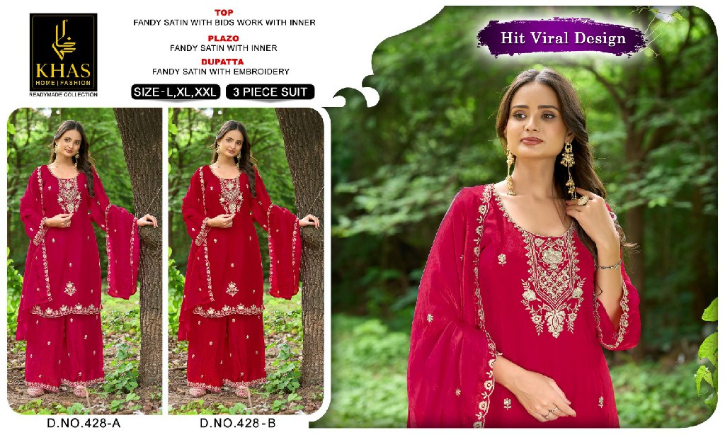 KHAS D.NO 428 WHOLESALE READYMADE FANDY SATIN FESTIVE SPECIAL 3 PCS COMBO SET SUITS SUPPLIER