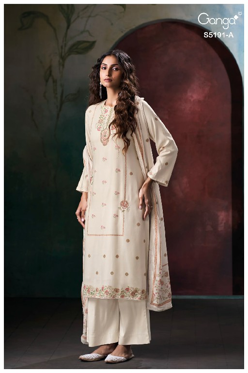 GANGA CHIRASVI S5191 WHOLESALE PURE WOOL PASHMINA WINTER WEAR UNSTITCH SALWAR SUITS SUPPLIER