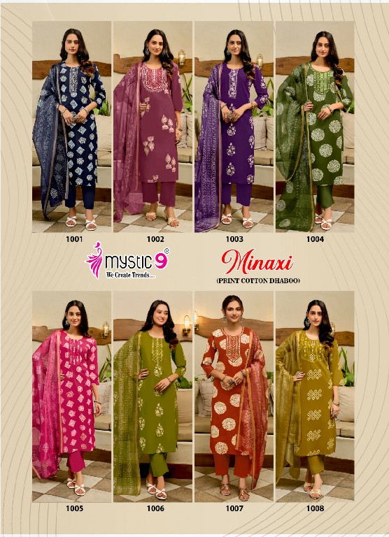 MYSTIC 9 MINAXI VOL 1 WHOLESALE READYMADE PREMIUM COTTON DHABU PRINTED CLASSIC 3 PCS SUITS EXPORTER