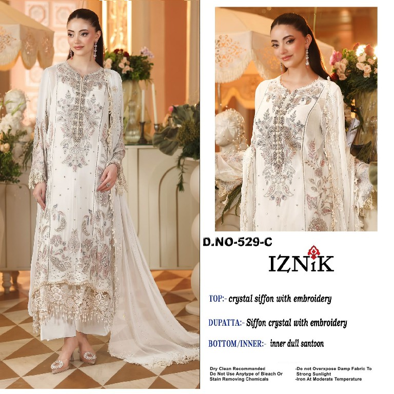 IZNIK FAB D.NO 529 WHOLESALE HEAVY CHIFFON PAKISTANI HIT DESIGN UNSTITCH SALWAR SUITS SUPPLIER