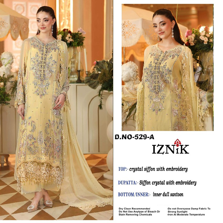 IZNIK FAB D.NO 529 WHOLESALE HEAVY CHIFFON PAKISTANI HIT DESIGN UNSTITCH SALWAR SUITS SUPPLIER