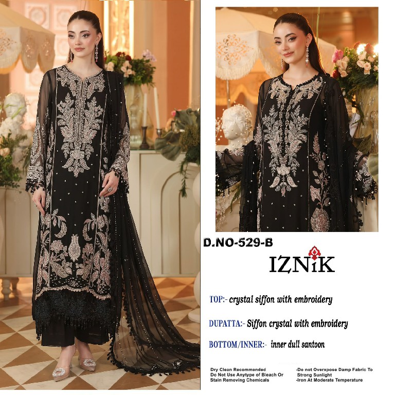 IZNIK FAB D.NO 529 WHOLESALE HEAVY CHIFFON PAKISTANI HIT DESIGN UNSTITCH SALWAR SUITS SUPPLIER