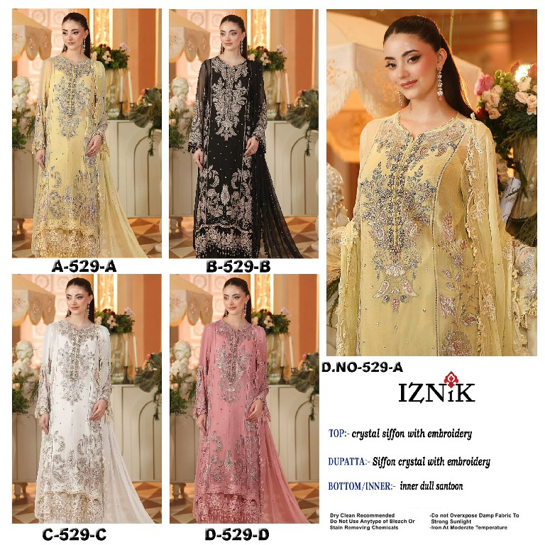 IZNIK FAB D.NO 529 WHOLESALE HEAVY CHIFFON PAKISTANI HIT DESIGN UNSTITCH SALWAR SUITS SUPPLIER
