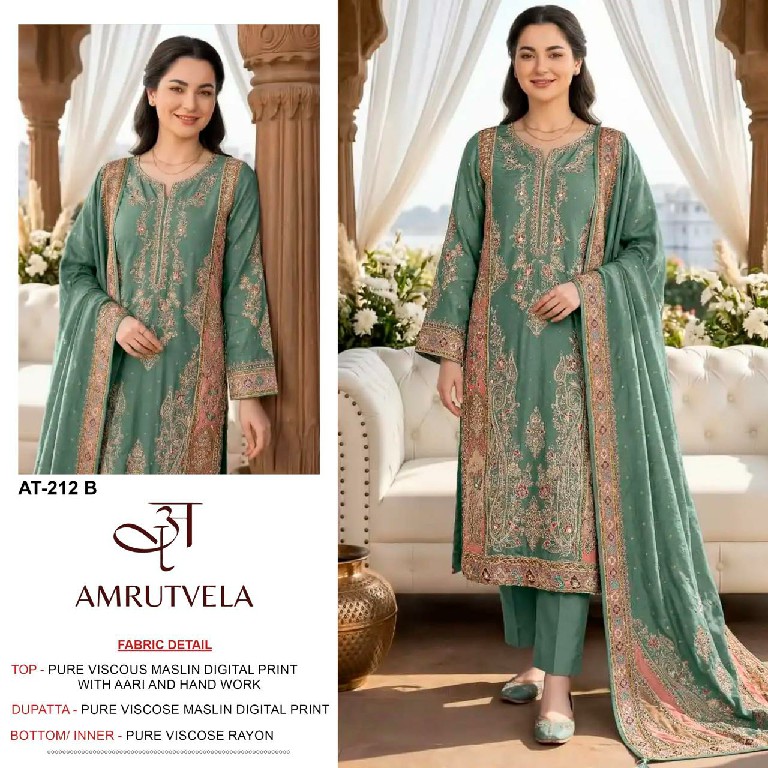 AMRUTVELA D.NO 212 WHOLESALE VISCOSE MUSLIN AMAZING WORK UNSTITCH SALWAR SUITS EXPORTER