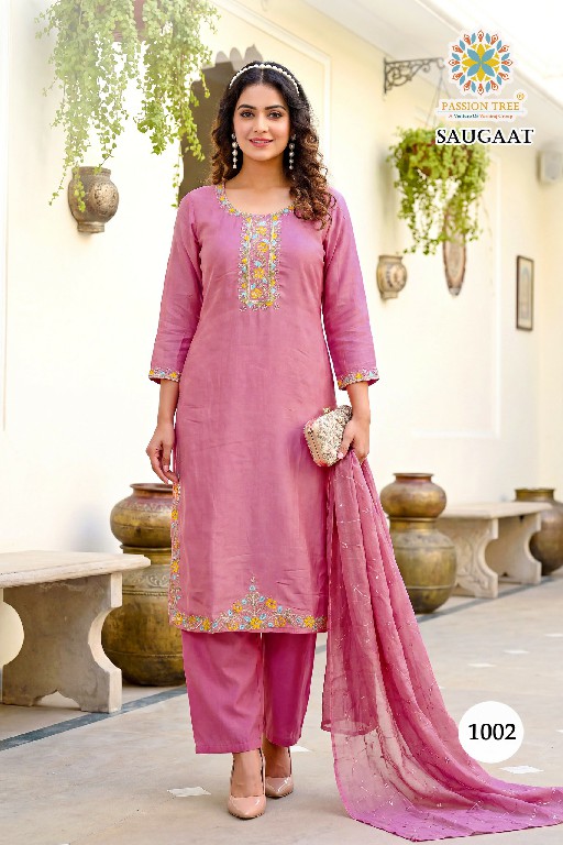PASSION TREE SAUGAAT VOL 1 WHOLESALE READYMADE HEAVY MAL CHANDERI BIG SIZE PLAZZO STYLE 3 PCS SUITS EXPORTER