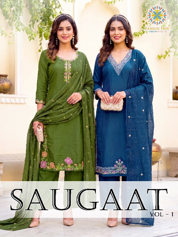 PASSION TREE SAUGAAT VOL 1 WHOLESALE READYMADE HEAVY MAL CHANDERI BIG SIZE PLAZZO STYLE 3 PCS SUITS EXPORTER
