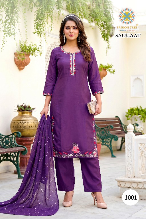 PASSION TREE SAUGAAT VOL 1 WHOLESALE READYMADE HEAVY MAL CHANDERI BIG SIZE PLAZZO STYLE 3 PCS SUITS EXPORTER