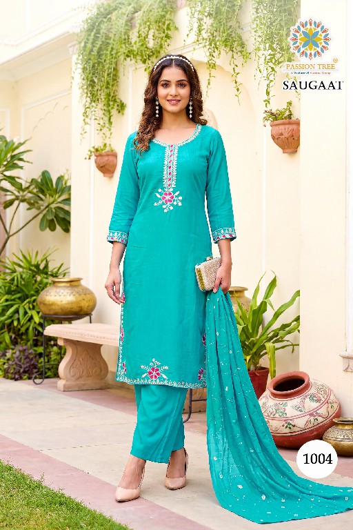 PASSION TREE SAUGAAT VOL 1 WHOLESALE READYMADE HEAVY MAL CHANDERI BIG SIZE PLAZZO STYLE 3 PCS SUITS EXPORTER