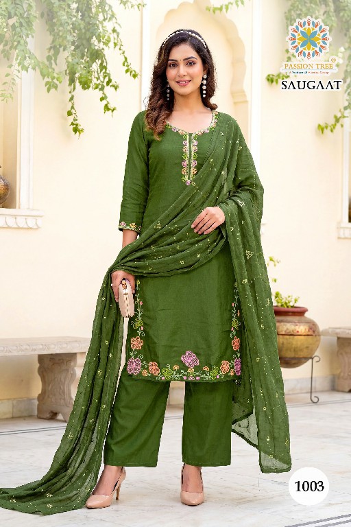 PASSION TREE SAUGAAT VOL 1 WHOLESALE READYMADE HEAVY MAL CHANDERI BIG SIZE PLAZZO STYLE 3 PCS SUITS EXPORTER