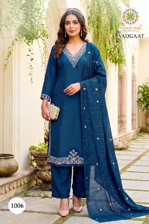 PASSION TREE SAUGAAT VOL 1 WHOLESALE READYMADE HEAVY MAL CHANDERI BIG SIZE PLAZZO STYLE 3 PCS SUITS EXPORTER