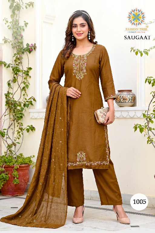 PASSION TREE SAUGAAT VOL 1 WHOLESALE READYMADE HEAVY MAL CHANDERI BIG SIZE PLAZZO STYLE 3 PCS SUITS EXPORTER