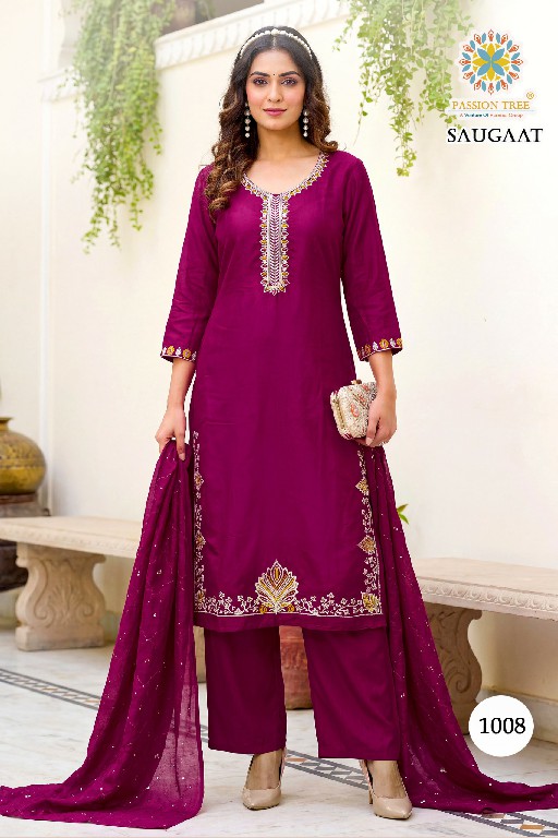 PASSION TREE SAUGAAT VOL 1 WHOLESALE READYMADE HEAVY MAL CHANDERI BIG SIZE PLAZZO STYLE 3 PCS SUITS EXPORTER