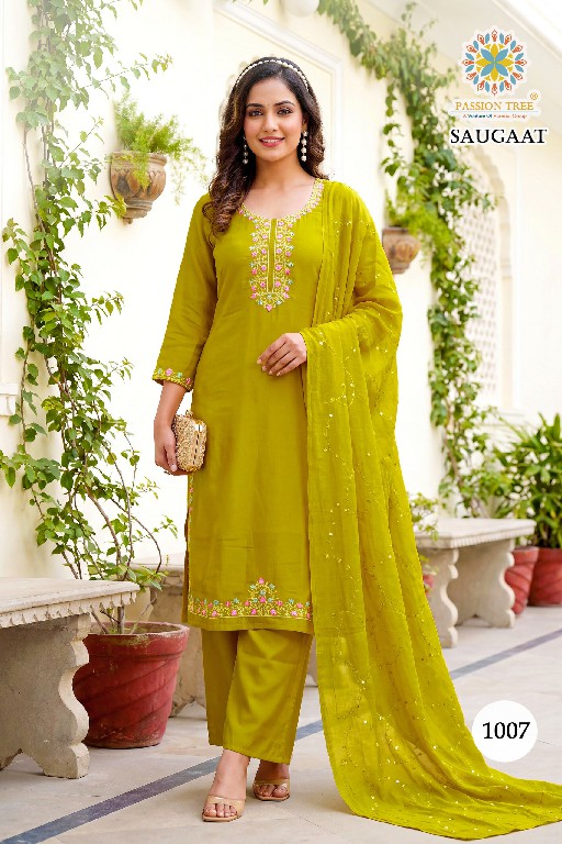 PASSION TREE SAUGAAT VOL 1 WHOLESALE READYMADE HEAVY MAL CHANDERI BIG SIZE PLAZZO STYLE 3 PCS SUITS EXPORTER