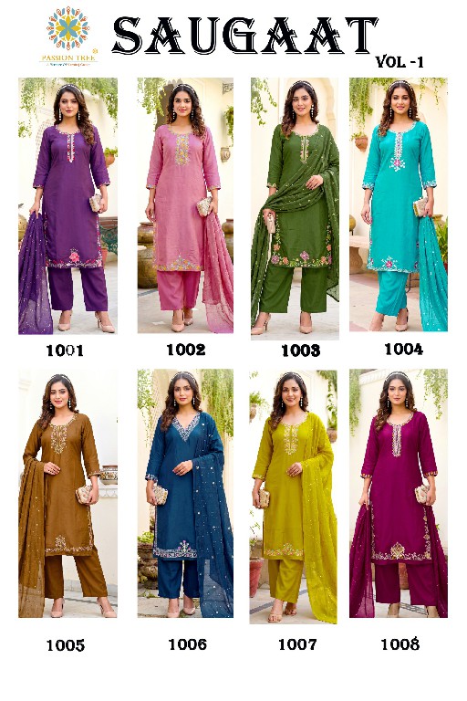 PASSION TREE SAUGAAT VOL 1 WHOLESALE READYMADE HEAVY MAL CHANDERI BIG SIZE PLAZZO STYLE 3 PCS SUITS EXPORTER
