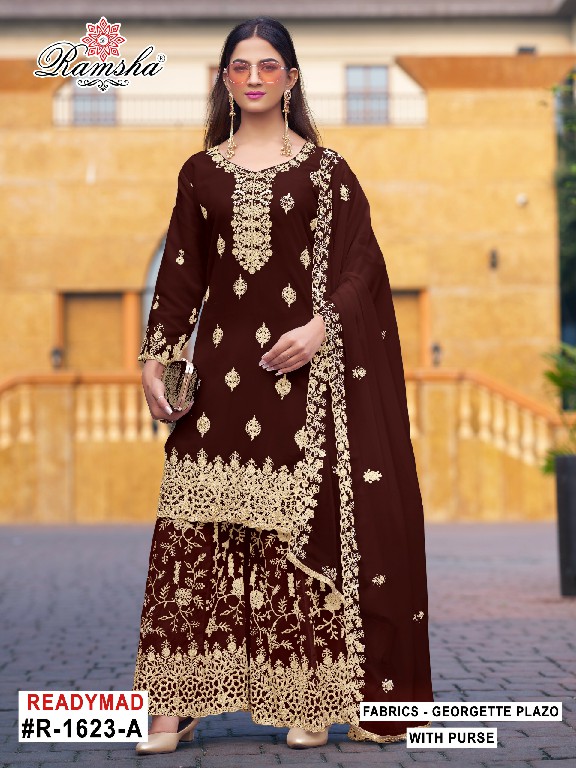 RAMSHA D.NO 1621-1622-1623 WHOLESALE READYMADE GEORGETTE PAKISTANI PLAZZO STYLE 3 PCS SUITS SUPPLIER
