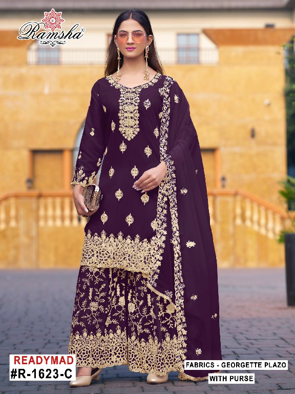 RAMSHA D.NO 1621-1622-1623 WHOLESALE READYMADE GEORGETTE PAKISTANI PLAZZO STYLE 3 PCS SUITS SUPPLIER