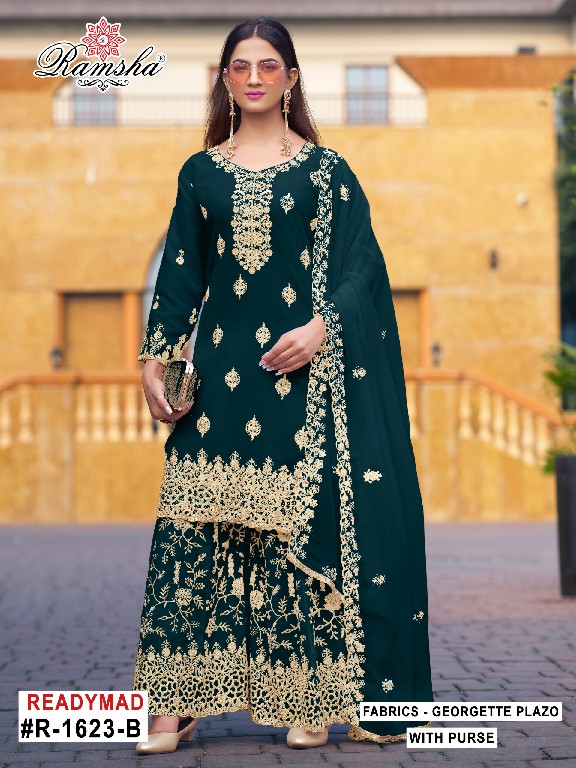 RAMSHA D.NO 1621-1622-1623 WHOLESALE READYMADE GEORGETTE PAKISTANI PLAZZO STYLE 3 PCS SUITS SUPPLIER
