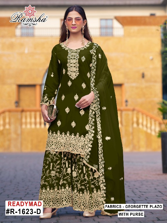 RAMSHA D.NO 1621-1622-1623 WHOLESALE READYMADE GEORGETTE PAKISTANI PLAZZO STYLE 3 PCS SUITS SUPPLIER