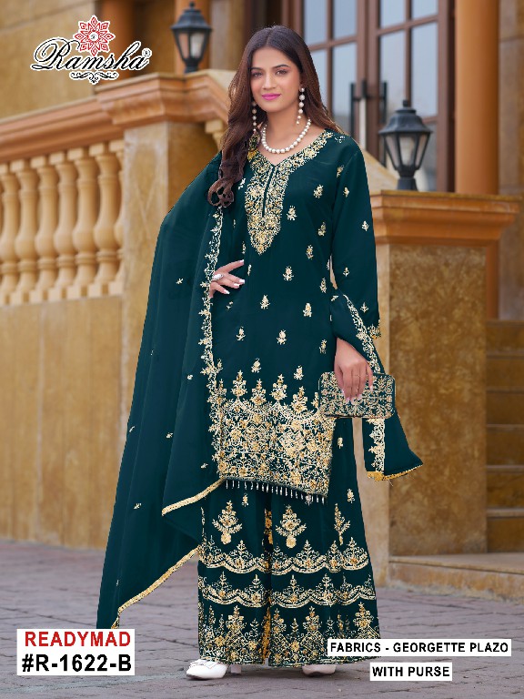RAMSHA D.NO 1621-1622-1623 WHOLESALE READYMADE GEORGETTE PAKISTANI PLAZZO STYLE 3 PCS SUITS SUPPLIER
