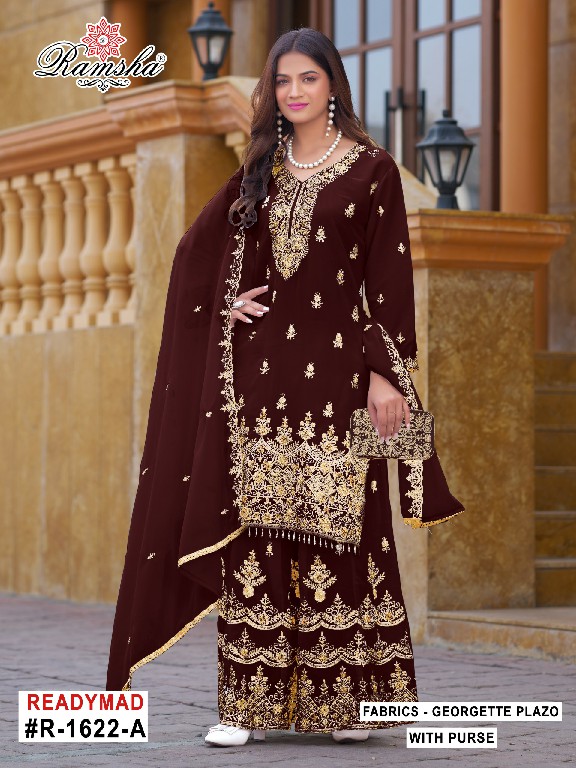 RAMSHA D.NO 1621-1622-1623 WHOLESALE READYMADE GEORGETTE PAKISTANI PLAZZO STYLE 3 PCS SUITS SUPPLIER
