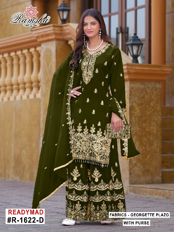 RAMSHA D.NO 1621-1622-1623 WHOLESALE READYMADE GEORGETTE PAKISTANI PLAZZO STYLE 3 PCS SUITS SUPPLIER