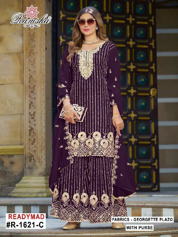 RAMSHA D.NO 1621-1622-1623 WHOLESALE READYMADE GEORGETTE PAKISTANI PLAZZO STYLE 3 PCS SUITS SUPPLIER