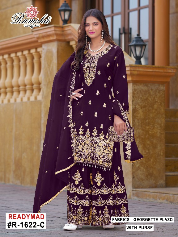 RAMSHA D.NO 1621-1622-1623 WHOLESALE READYMADE GEORGETTE PAKISTANI PLAZZO STYLE 3 PCS SUITS SUPPLIER