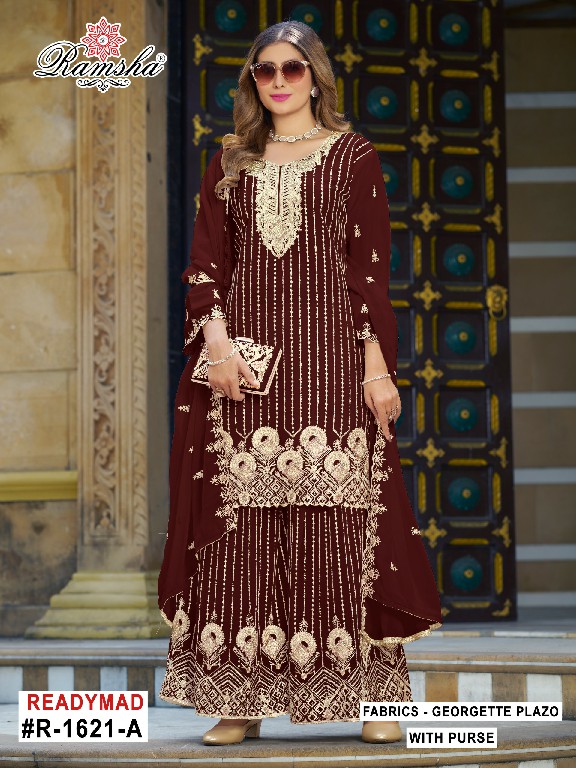 RAMSHA D.NO 1621-1622-1623 WHOLESALE READYMADE GEORGETTE PAKISTANI PLAZZO STYLE 3 PCS SUITS SUPPLIER