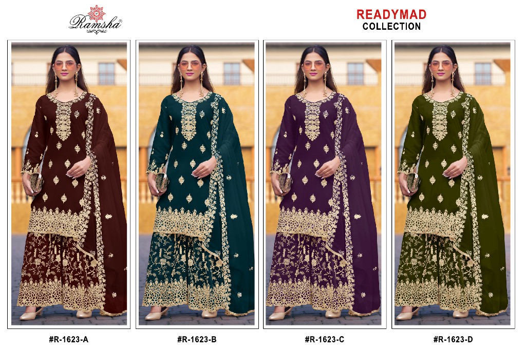 RAMSHA D.NO 1621-1622-1623 WHOLESALE READYMADE GEORGETTE PAKISTANI PLAZZO STYLE 3 PCS SUITS SUPPLIER
