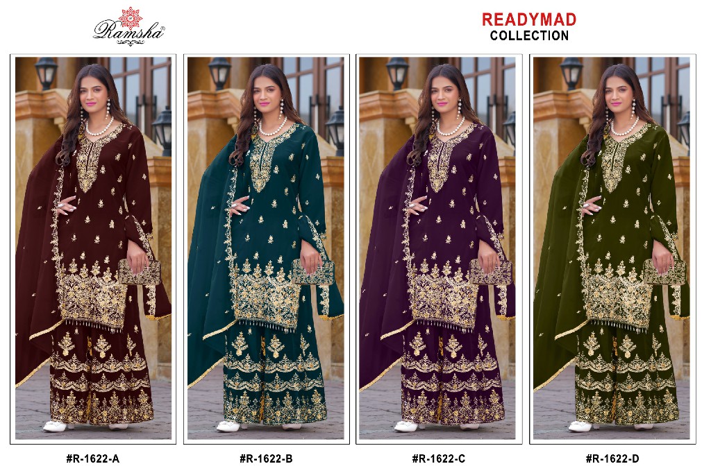 RAMSHA D.NO 1621-1622-1623 WHOLESALE READYMADE GEORGETTE PAKISTANI PLAZZO STYLE 3 PCS SUITS SUPPLIER