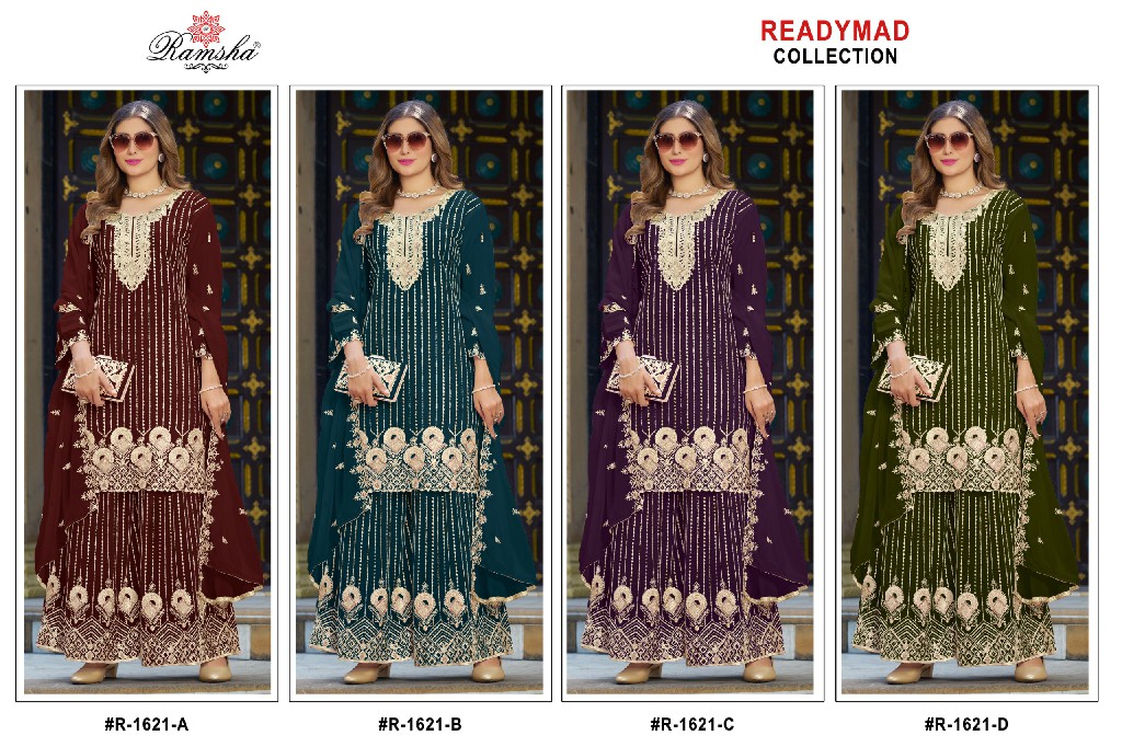 RAMSHA D.NO 1621-1622-1623 WHOLESALE READYMADE GEORGETTE PAKISTANI PLAZZO STYLE 3 PCS SUITS SUPPLIER