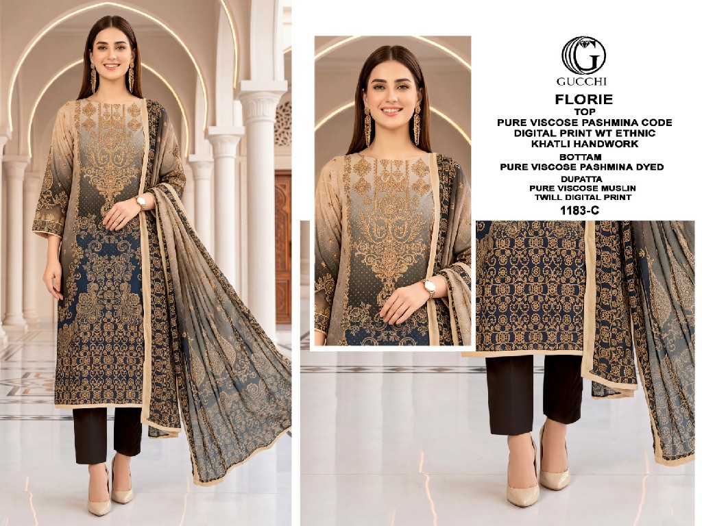 GUCCHI FLORIE D.NO 1183 WHOLESALE VISCOSE PASHMINA WINTER ETHNIC LOOK UNSTITCH SALWAR SUITS FOR EXPORT
