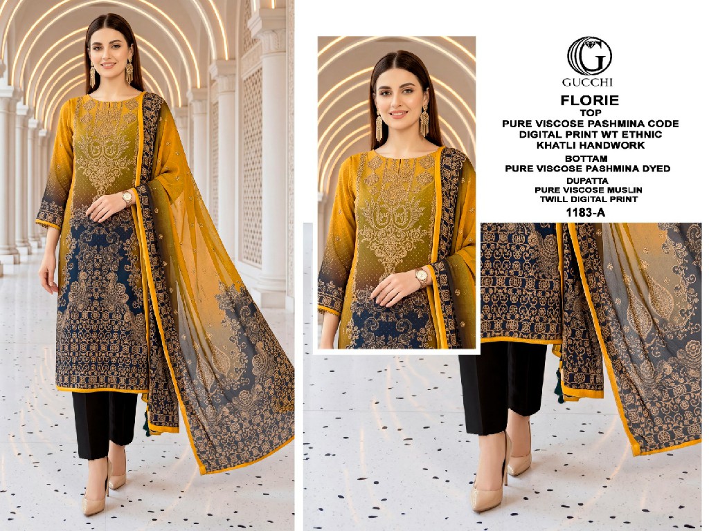 GUCCHI FLORIE D.NO 1183 WHOLESALE VISCOSE PASHMINA WINTER ETHNIC LOOK UNSTITCH SALWAR SUITS FOR EXPORT