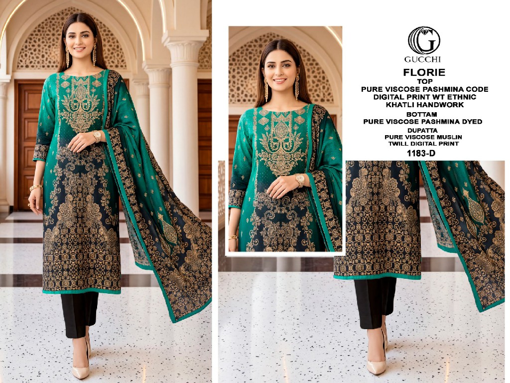 GUCCHI FLORIE D.NO 1183 WHOLESALE VISCOSE PASHMINA WINTER ETHNIC LOOK UNSTITCH SALWAR SUITS FOR EXPORT