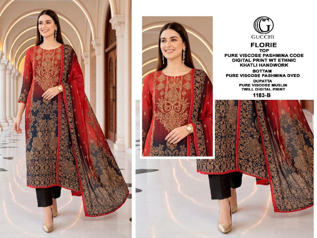 GUCCHI FLORIE D.NO 1183 WHOLESALE VISCOSE PASHMINA WINTER ETHNIC LOOK UNSTITCH SALWAR SUITS FOR EXPORT