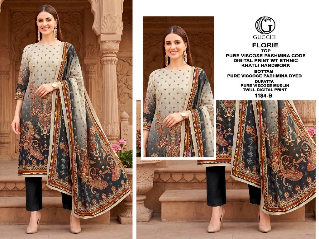 GUCCHI FLORIE D.NO 1184 WHOLESALE VISCOSE PASHMINA WINTER PRETTY LOOK UNSTITCH SALWAR SUITS ONLINE