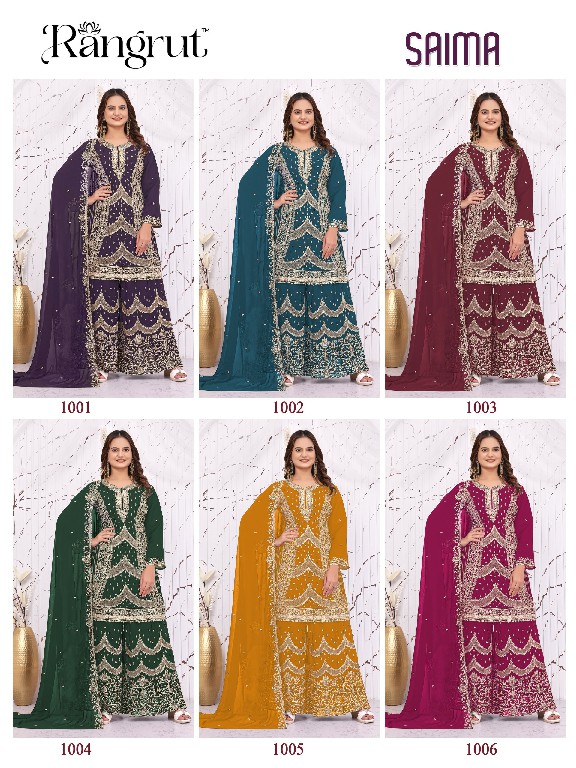 RANGRUT SAIMA WHOLESALE READYMADE BLOOMING GEORGETTE BIG SIZE HEAVY EMBROIDERY PLAZZO STYLE 3 PCS SUITS EXPORTER