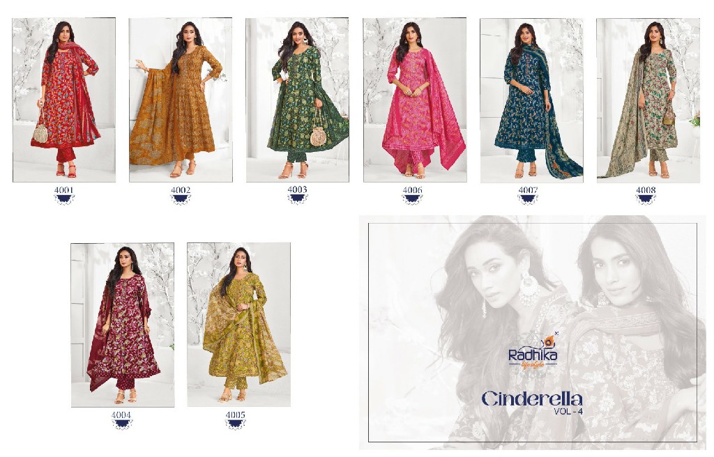 RADHIKA LIFESTYLE CINDRELLA VOL 4 WHOLESALE READYMADE COTTON WITH EMBROIDERY BIG SIZE ANARKALI STYLE 3 PCS SUITS FOR EXPORT