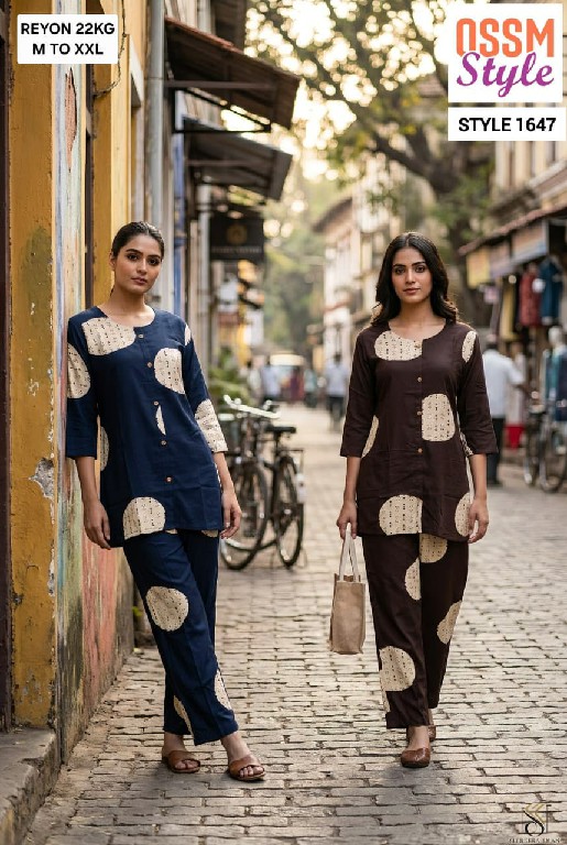 OSSM STYLE D.NO 1646 TO 1650 WHOLESALE READYMADE RAYON PRINTED CASUAL WEAR COMBO CORD SET FOR EXPORT