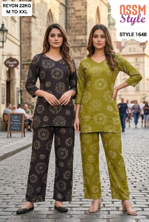 OSSM STYLE D.NO 1646 TO 1650 WHOLESALE READYMADE RAYON PRINTED CASUAL WEAR COMBO CORD SET FOR EXPORT