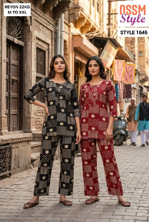 OSSM STYLE D.NO 1646 TO 1650 WHOLESALE READYMADE RAYON PRINTED CASUAL WEAR COMBO CORD SET FOR EXPORT