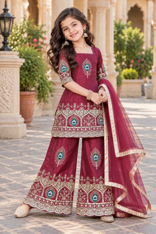 TEXTILEDEAL LAUNCH READYMADE HEAVY FENDY SILK FESTIVE WEAR SHARARA STYLE 3 PCS SUITS FOR KIDS ONLINE